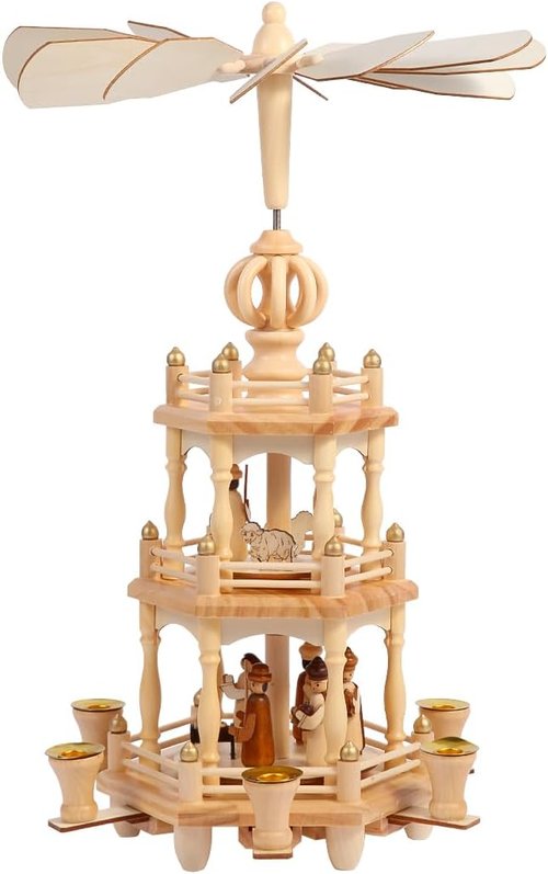 Christmas Pyramids | 18-Inch Wooden Carousel with 6 Candle Holders & Nativity Scene - 3 Tiers