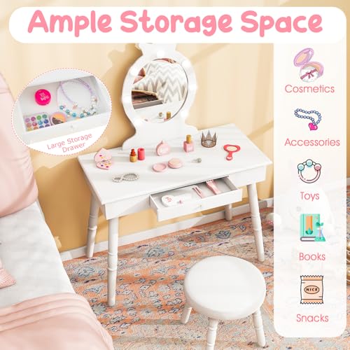 Kids Vanity Set with Lighted Mirror, Stool, and Drawer - Wooden Dressing Desk