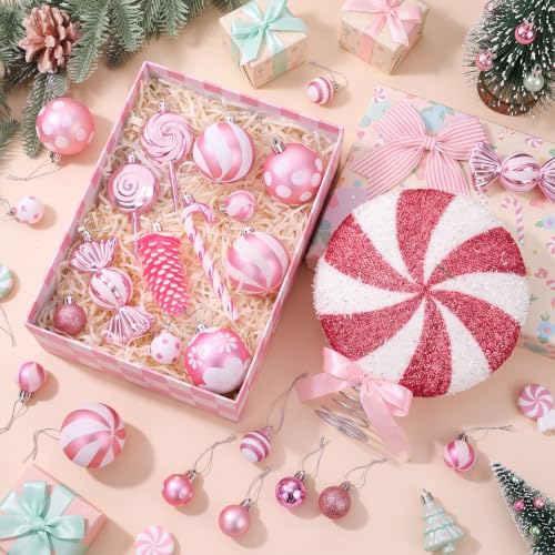 Vercraft Pink Candy Cane Ornaments Set - 82 Christmas Plastic Decorations with Lollipop Tree Topper