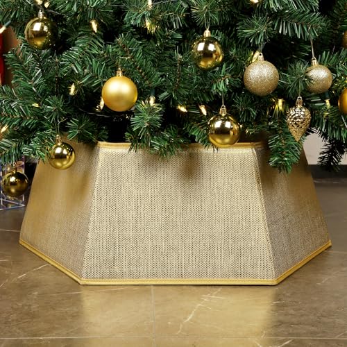 Blissun Gold Shiny Fabric Christmas Tree Collar, Hexagonal Tree Ring