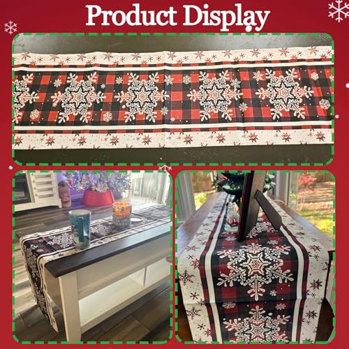 Niviy Snowflakes Christmas Table Runner 13x108 Inches with Buffalo Plaid - Holiday Kitchen Decor