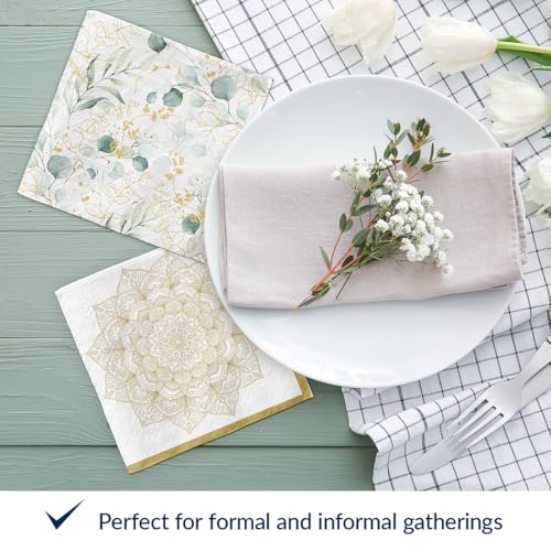 Golden Eucalyptus Cocktail Napkins - 100 Pack 5x5 Inch Elegant Party Paper Towels