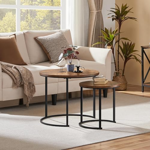 Round Nesting Coffee Table Set of 2, Rustic Brown Industrial Side Tables