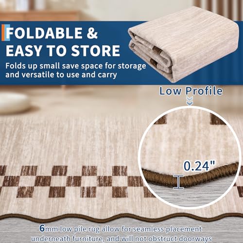 5x7 Scalloped Washable Area Rug - Non-Slip Stain-Resistant Beige Carpet