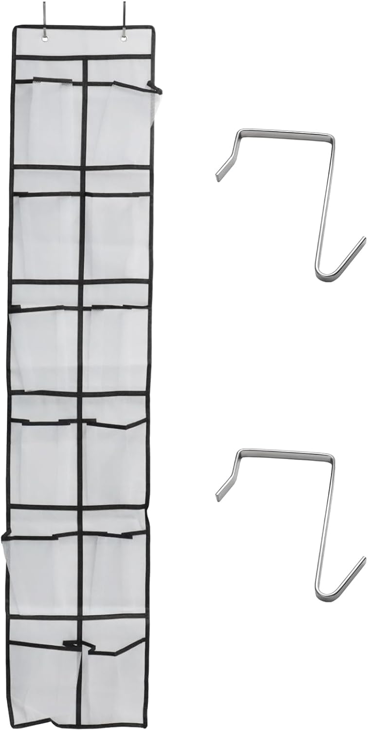 Over The Door Shoe Organizer - 12 Mesh Pockets With 4 Metal Hooks | Space-Saving White Design