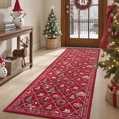 LIVEBOX Red Christmas Rug Runner 2x6 ft Washable Non-Slip Indoor Decor