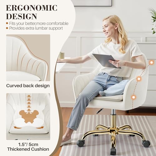 Velvet Vanity Desk Chair with Wheels - Adjustable Swivel Makeup Chair, Beige