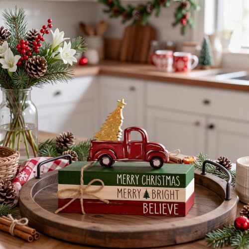 Christmas Faux Books Bundle - Wooden Decor Set with Truck Variation