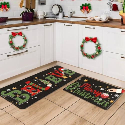 Dintszyayue Christmas Kitchen Rug Set 2 pcs Non Slip Santa Snowman 17x30+17x48 Black