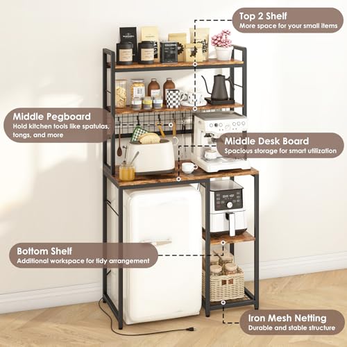 Wooden Mini Fridge Stand with Microwave Shelf and Built-in Power Outlet