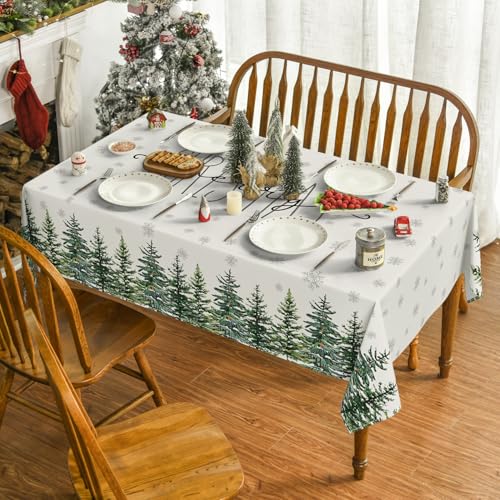 Horaldaily 60 x 84 Inch White Christmas Tablecloth - Rectangular Snow Trees
