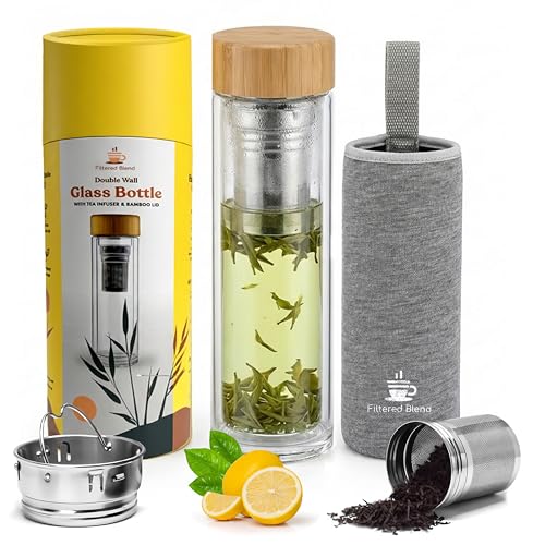 15oz Double Wall Glass Water Bottle with Bamboo Lid & Tea Infuser - Insulated, Leak-Proof Travel Mug