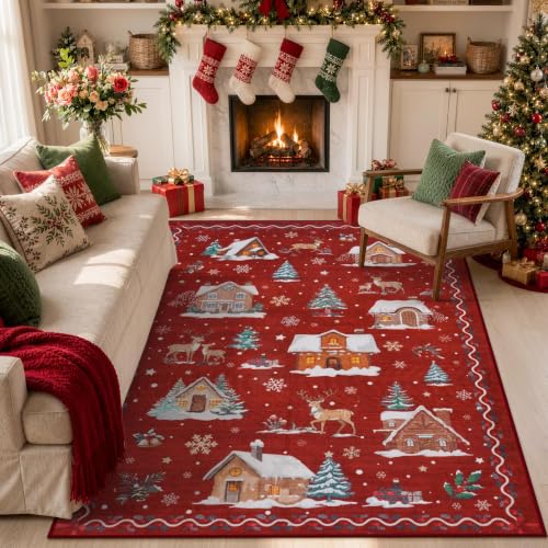 LIVEBOX 5x7 Christmas Washable Area Rug Red Scalloped Reindeer Snow Scene