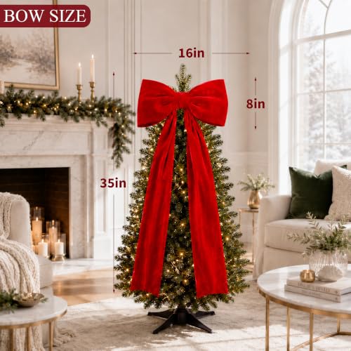 Senjie Extra-Large 16-in Velvet Christmas Tree Bow, 35-in Overall Length, Red
