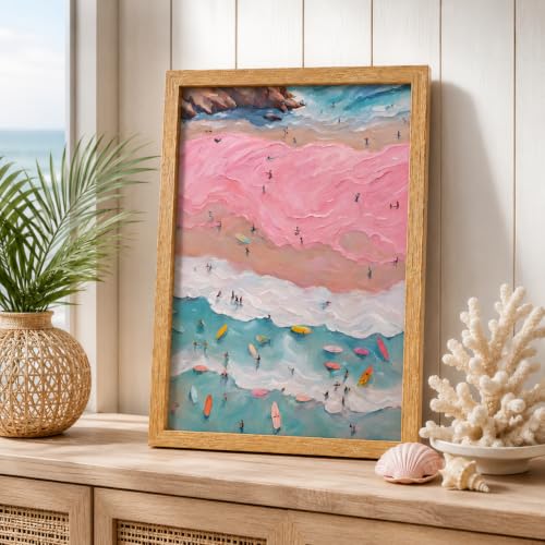 Framed Pink Coastal Beach Surfer Canvas Wall Art 8x10 Inch Print