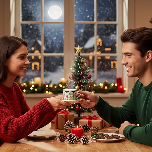 Fruasio Christmas Tree 2-Piece Espresso Cups & Saucers Set, 4 oz Ceramic Teacups with Green Gold Holiday Pattern (Gift Box)