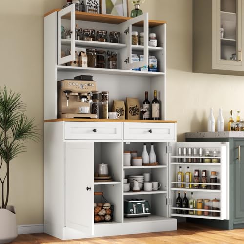 Tall Kitchen Pantry Cabinet with Microwave Stand and Glass Doors