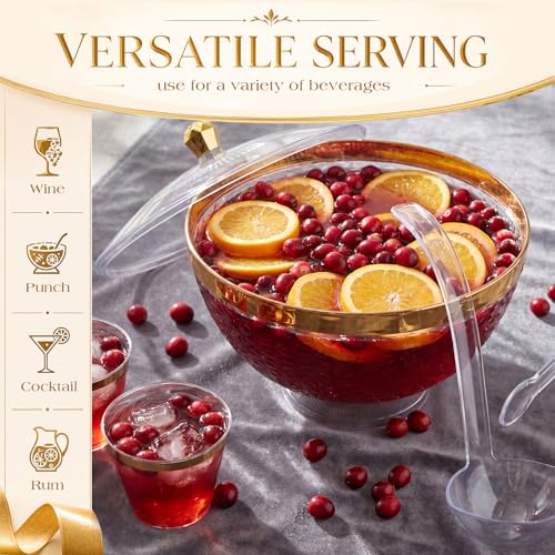1.4 Gallon Plastic Punch Bowl Set with 25 Cups, Ladle, and Tongs - Gold Trim