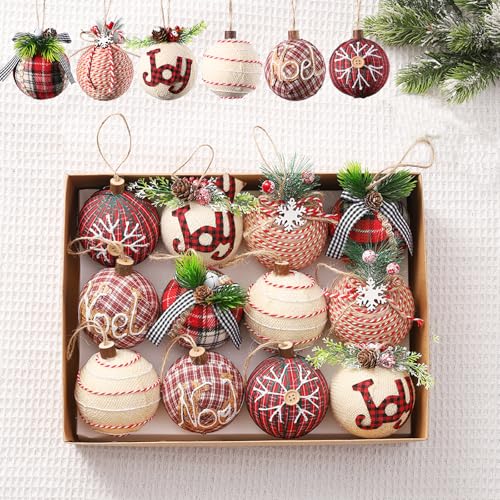 12 Pack Rustic Christmas Tree Ornaments - Farmhouse Burlap Decorations