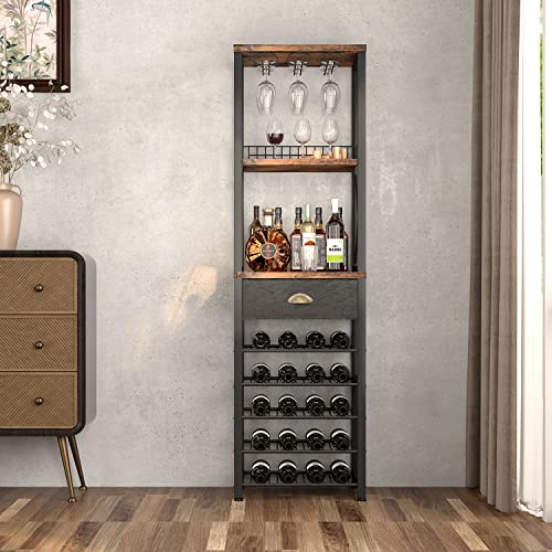 Homeiju Vintage Right Angle Wine Rack with Glass and Bottle Storage - Freestanding Bar Cabinet