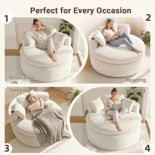 Oversized Round Corduroy Chaise Lounge Chair with 3 Pillows, Beige