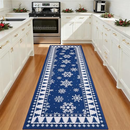 ROYHOME Blue Christmas Runner Rug 2' x 8' Bordered Holiday Hallway Carpet