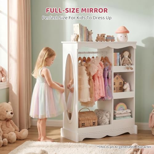 Kids Wooden Dress-Up Wardrobe with Full-Length Mirror and Storage Shelves