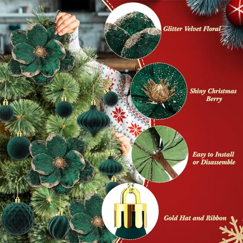 Kinlop 34 Pcs Velvet Christmas Ornaments Set Dark Green – 22 Balls, 6 Poinsettias & 6 Berry Stems
