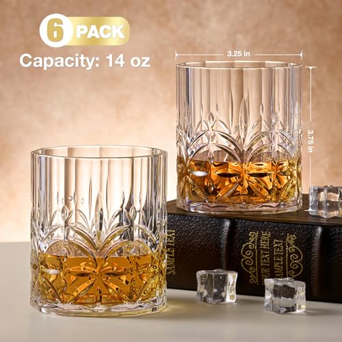 Hlukana Unbreakable 14oz Plastic Whiskey Glasses Set of 6 - BPA-Free, Dishwasher Safe, Clear Old Fashioned Rocks Glasses for Scotch, Bourbon, Rum, Vodka, Cocktails