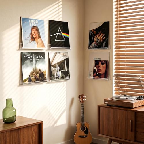 12-Inch Clear Acrylic Vinyl Record Floating Wall Shelves, 6-Pack