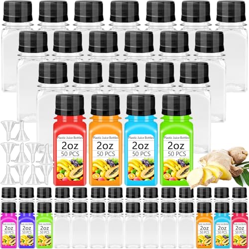 50 Pack 2oz Plastic Juice Shot Bottles with Leak-Proof Caps for Travel & Storage