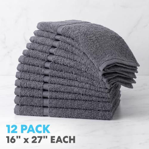100% Cotton Hand Towels 16x27 Inch - Soft Absorbent Gray Towel Set (12 Pack)
