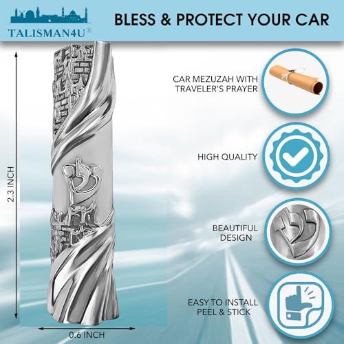 Car Mezuzah with Traveler's Prayer Scroll, Jerusalem Design, 2.2 Inch