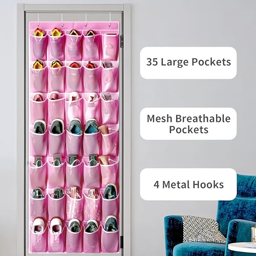 35-Pocket Over the Door Shoe Organizer with Mesh Pockets & Hooks, Pink