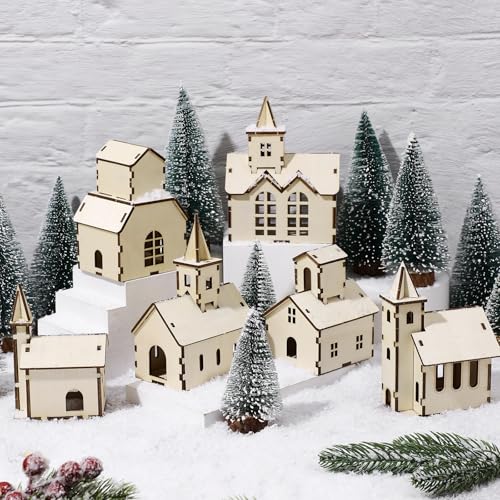 Hiboom 24 Pcs DIY Christmas Village Sets – Church/12Pcs 4 Styles Wood Rustic Mini Houses