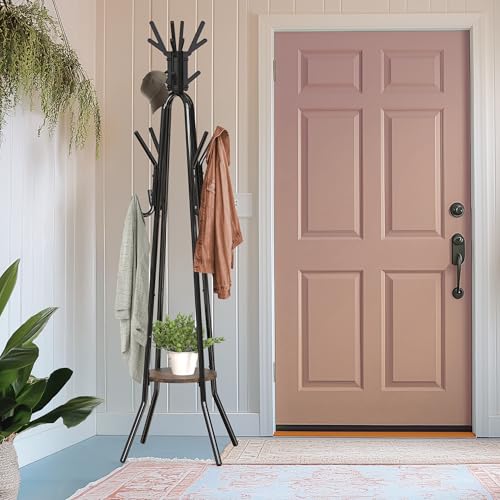 Industrial Standing Coat Rack with 20 Hooks and Storage Shelf, Rustic Brown