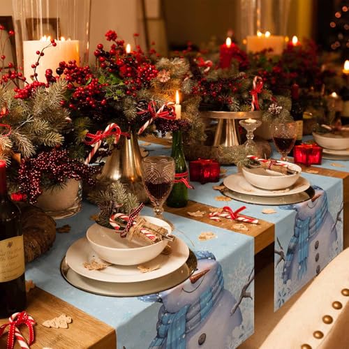 Yukro Light Blue Christmas Snowman Table Runner 13x90 Inch Winter Decor
