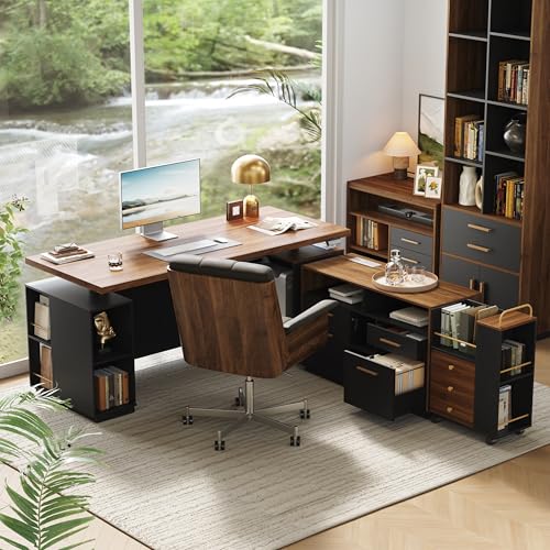 71-Inch L-Shaped Executive Standing Desk with Storage and File Cabinets