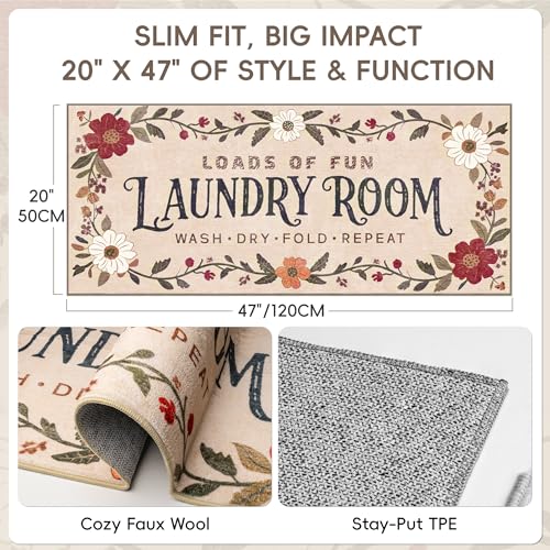 Washable Laundry Room Runner Rug, 20x47 Floral Non-Slip Low-Pile Mat