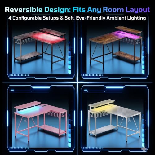 42-Inch L-Shaped Corner Desk with RGB LED, Charging Ports & Shelves