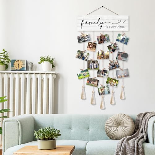 Rustic Farmhouse Hanging Photo Display Board with 16 Clips and Tassels