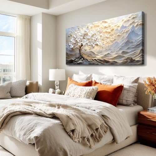 Large White Tree of Life Canvas Wall Art - Mountain Floral Decor