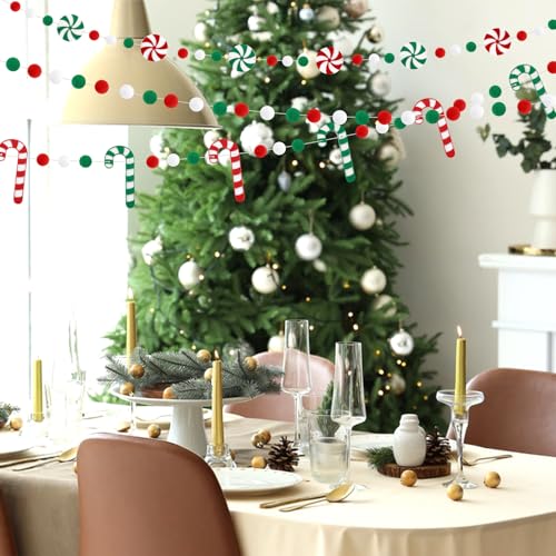 Jansun 3 Pack Christmas Felt Candy Cane Garland - Candy Themed Holiday Decor