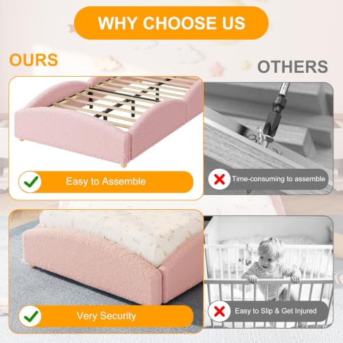 Twin Size Teddy Fabric Floor Bed Frame with Padded Sides - Pink
