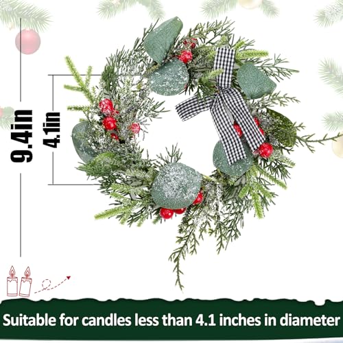 Christmas Candle Ring Wreaths with Snow, Berries & Plaid Bow - 4 Pack