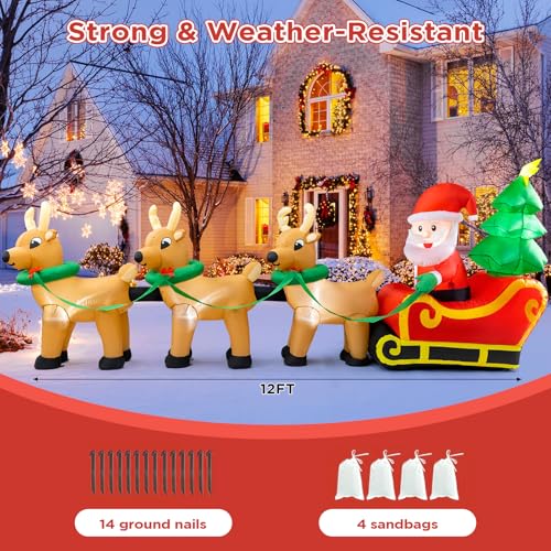 12FT Christmas Inflatable Santa Reindeer Yard Decoration with LED Lights