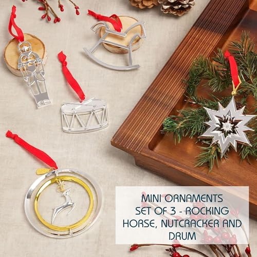Nambé Mini Holiday Ornaments Set - Silver Rocking Horse, Nutcracker & Drum