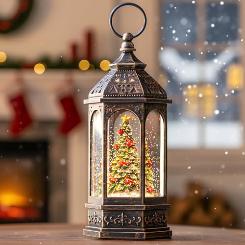 10.5-Inch Musical Christmas Tree Snow Globe Lantern with Cardinals