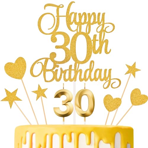 30th Birthday Cake Topper and Numeral Candle Set - Gold Glitter Decor