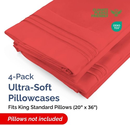 King Standard Pillow Cases - Soft Hotel Quality Pillowcase Covers | Comfy & Cozy Bedding Set of 4 - Red